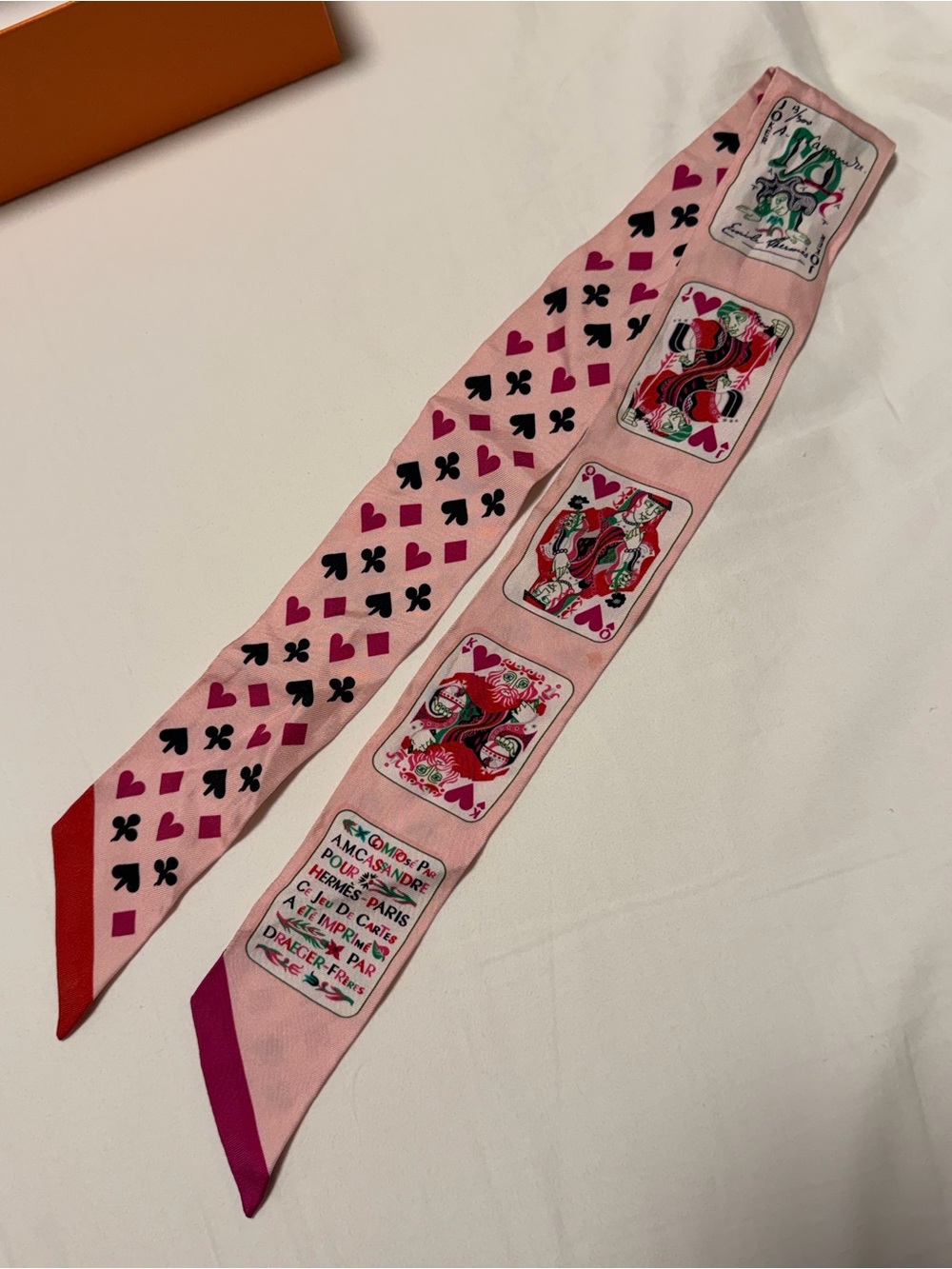 Hermes Pink Playing Card Printed Silk Twilly Scarf